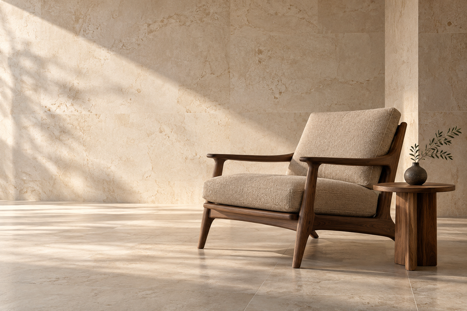 Sculptural walnut seating and a solid wood table in a quiet architectural interior